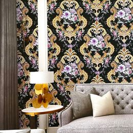 European Black Floral Damask Wallpapers for Living Room Bedroom Wallpaper 3D Embossed Damascus Flower Wall Paper Roll Light Blue