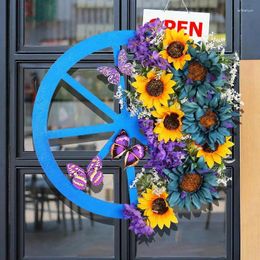 Decorative Flowers 15.7 Inches Artificial Christmas Wreath Outdoor Spring Flower Garland Door With Sunflowers Butterflies