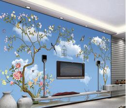 Wallpapers Custom 3d Wallpaper Blue Sky And White Clouds Tree Bird Customized For Walls Mural