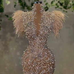 Urban Sexy Dresses Champagne Feathers Dubai Evening Dress Prom Party Gowns Deep V Neck Beaded Mermaid Slit Formal Event Gowns Vestido De Novia 240410