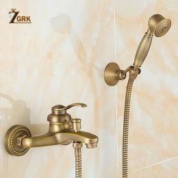 ZGRK Antique Brass Bath Faucets Shower Wall Mounted Bathroom Mixer Tap Crane With Hand Shower Head Bath Shower Faucet