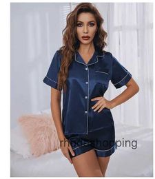Womens Sleepwear Silk Satin Pyjamas Set Short Sleeve Two-piece Pj Sets Loungewear Button-down 230418k0k2