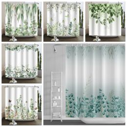Green Eucalyptus Leaves Shower Curtains Watercolor Boho Floral Waterproof Morden Bathroom Bathtub Curtain Room Decor With Hooks