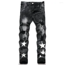 Men's Jeans Five Pointed Star Leather Ripped Hip Hop Black Denim Pants Slim Punk Casual Trousers For Men