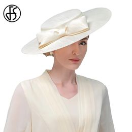 FS Elegant Wide Brim Ivory Hats For Women Big Bow Formal Occasion Kentucky Cap Lady Wedding Cocktail Party Flat Top Fedoras 240410