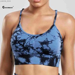 Yoga Outfits CHREISURE Tie Dye Sports Bra Womens Fitness Underwear with Chest Pads Elastic Slimming Exercise Vest Top of the line Sports Vest Gym Clothing Y240410