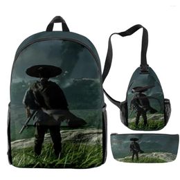 Backpack Cartoon Novelty Cool Ghost Of Tsushima Game 3D Print 3pcs/Set Pupil School Bags Travel Laptop Chest Bag Pencil Case
