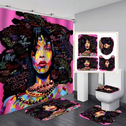 African American Black Girl Polyester Shower Curtain with Hook Bathroom Bath Mat Non-Slip Rug Toilet Cover Set Modern Home Decor