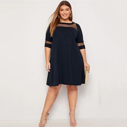 Plus Size Half Sleeve Spring Autumn Elegant Swing Dress Mesh Panel Fit And Flare Casual Large Work 5XL 6XL 7XL 240410