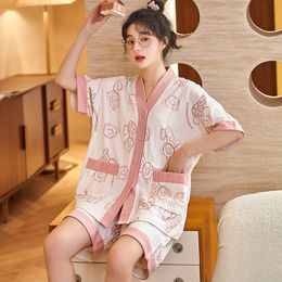 2 Pieces Set kimono Sleepwear Plus Size M-2XL Women's Pyjamas Set Japan Cute Nightwear Sleep Tops shorts Female Summer Pjs New