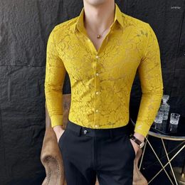 Men's Dress Shirts Sexy Semi Transparent Through Flower Lace Sheer Shirt 2024 Summer Long Sleeve Slim Fit Party Prom Social