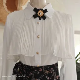 Women's Blouses 2024 Ruffles Cute Bow Tie Top Preppy Style Vintage Japanese Korea Design Button Elegant Formal White Shirts Thin