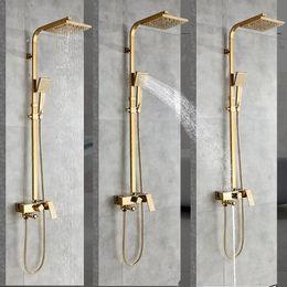 Rozin Golden Bathroom Shower Faucet Set Gold 8" Rainfall Shower Mixer Crane Wall Mounted with Hand Shower Bath Rain Column Tap
