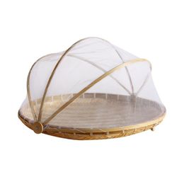 Handmade Bamboo Woven Fruit Vegetable Basket with Mosquito Proof Net Round Dustproof Wicker Picnic Tray Bread with 29EF