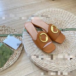 High-end New Outdoor Flip-Flops Metal Horse Buckle Sandals Square Toe Cowhide round Buckle Flats
