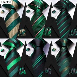 Neck Ties Black green striped silk tie for mens wedding accessories mens necklaces pockets square cufflinks mens business party giftsC240410