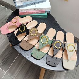 Designer Slippers Flip Flops Low Heel Slides Sandal Women Flat Slippers Classic Printing Metal Buckle Chunky Heels Sandal Double Letter Summer Beach Slipper