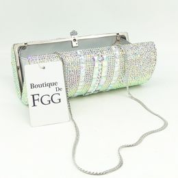 Boutique De FGG Luxury Women Silver Crystal AB Evening Bag Metal Minaudiere Clutch Handbag Wedding Party Cocktail Diamond Purse