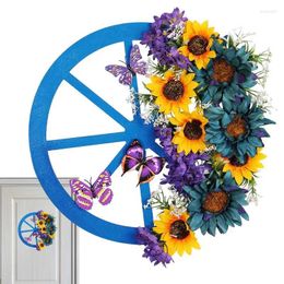 Decorative Flowers Spring Wreath Blue Wheel Shaped Front Door Artificial With Sunflowers Butterflies For Outdoor