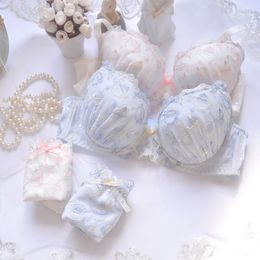 Japanese Bra and Panty Set Lolita Blue Embroidery Bralette Thin Girl Cute Gathered Brassiere Sexy Underwear Set Lingerie Briefs
