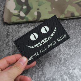 WE ARE ALL MAD HERE PATCHES IR Reflective Cheshire Cat Eyes Army Morale Embroidery Tactical Badge For Clothing Bags Decals