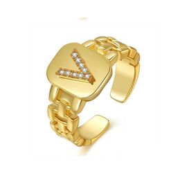 Band Rings Adjustable 18K Gold Plated A-Z Letters Ring Watchband Square Initial Letter For Women Wholesale Drop Delivery Jewelry Dh0C8
