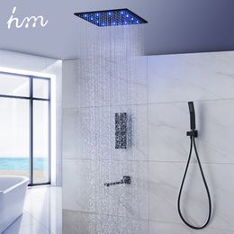 hm 16Inch Thermostatic Shower System Touch Screen Digital Display LED Showerhead 180 Degree Rotating Lower Black Faucet Set