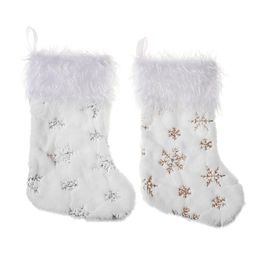 New Christmas Soft Embroidery Stockings Plush White Christmas Gift Bag Sockings Personalized Hotel Home Decoration