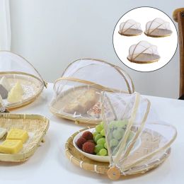 Handmade Bamboo Woven Fruit Vegetable Basket with Mosquito Proof Net Round Dustproof Wicker Tray Food Bread 87HA