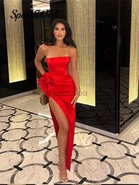 Urban Sexy Dresses Sexy Strapless 3d Flower Red Off Shoulder Long Dress Women Fashion High Split Dresses Elegant Chic Evening Party Lady Vestidos 24410