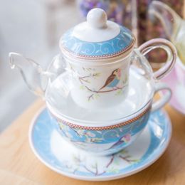 Ceramic Tea for One Set Rose Blue Bird Teapot Glass Tea Kettle Infuser Fine Bone China Saucer Coffee Cup With Gift Box