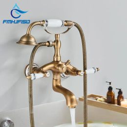 Antique Brass Wall Mounted Bathtub Faucet Brass Telephone Style Bath Shower Tap Waterfall Swivel Spout Dual Handle Tub Mixer
