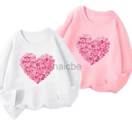 T-shirts Pink Heart Flower Printed T-shirt Spring Girls Fashion Pink Long Sleeve Tshirt Kids Love Graphic Basic Top 240410