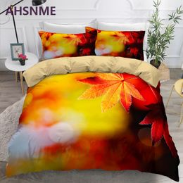 AHSNME Red Tree Leaf Forest Falling Maple Leaf Beding Set Quilt Cover With Pillowcase No Sheets Comforter Bedding Sets Queen