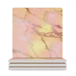 Table Mats Pink Faux Marble With Rose Gold Glitter Veins Ceramic Coasters (Square) For Coffee Mugs Cup Tea Funny