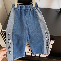 Trousers Wide Leg Pants Korean Autumn Girls Cowboy Embroidery Loose Fitting Soft Elastic Waist Jeans Flower Simple Childrens