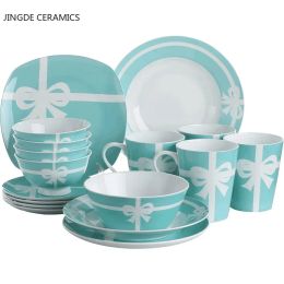Nordic Bow Print Ceramic Large Ramen Bowl Cake Salad Plate Breakfast Bowl Noodles Rice Soup Bowls Home Kitchen Tableware