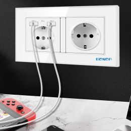BONDA Wall Socket EU Standard 16A Tempered Crystal Glass Sockets with 2 USB Power Outlet 146mm * 86mm Kids Safety Protection