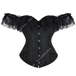 Steampunk Gothic Corsets for Women Bustier Tops Plus Size Lace Floral Vintage Overbust Corset With Sleeves Black Red Green