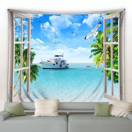 Summer Ocean Landscape Tapestry Beach Palm Trees Birds Natural Scenery Tapestries Modern Living Room Room Decor Wall Hanging Mat