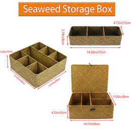 Multi-grid Seagrass Storage Basket with Lid Rectangular Rattan Woven Shelf Box Sundries Clothes Cosmetic Toys Organise Container