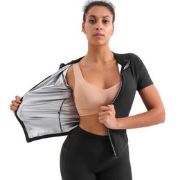 Women Short Sleeve Sauna Suits With Zipper Body Shaper Waist Trainer Slimming T-Shirts Thermo Workout Tops Sweat Sauna Tank Tops
