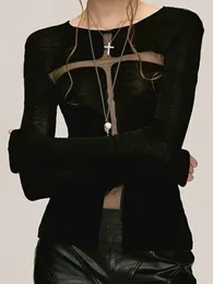 Women's T Shirts QWEEK Y2k See Through Cross Goth Harajuku Grunge Top Sexy Black Gothic Mesh Tshirts Women Long Sleeve 2024 Fashion Spring
