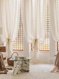 Curtain 1pc French Log Wind Linen Vertical Yarn Window Gauze Milk Tea Color Living Room Bedroom Semi-shading