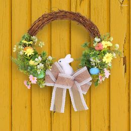 Decorative Flowers 2024 Easter Wreath Colourful Egg Bow Rustic Front Door Garland Ornament Day Home Party Decoration