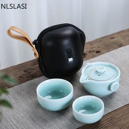 NLSLASI Chinese Ceramic Tea Set One pot and two glasses Travel Teapot Coffee Cup Pot Drinkware Tea Cups Outdoor Convenient Set