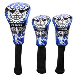 3pcs 1 3 5 Driver Fairway Wood Golf Club Headcover Leather & Knit Stitching with Skull Embroidery Head Cover With No. Tag 1 3 5