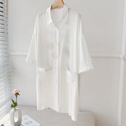Women Satin Nightgown Printed Sleepwear Turn-down Collar Sleepshirt Kimono Dressing Gown Lingerie Sexy Button-down Nightwear