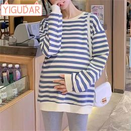 Dresses Maternity Tops Oneck Wide Stripes Long Sleeve Spring Spring Autumn Wear Breastfeeding TShirt Pregnant Women Maternity Sleeve