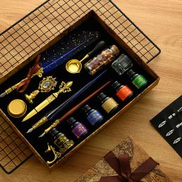 Antique Feather Dip Pen Ink Set Wax Sealing Stamp Kit Calligraphy Pen Letter Writer Pen Handwriting Feather Pen Wax Seal Stamp